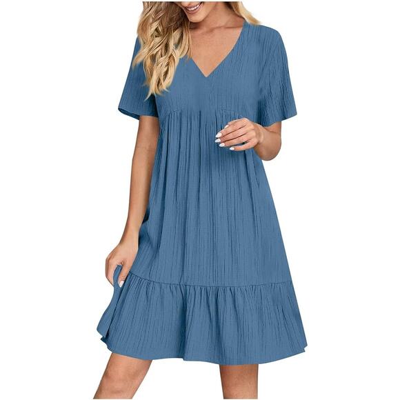 Emery Rose Dresses & Skirts - Emery Rose Large Blue Sundress Short Sleeve V Neck T Shirt Dress Pleated